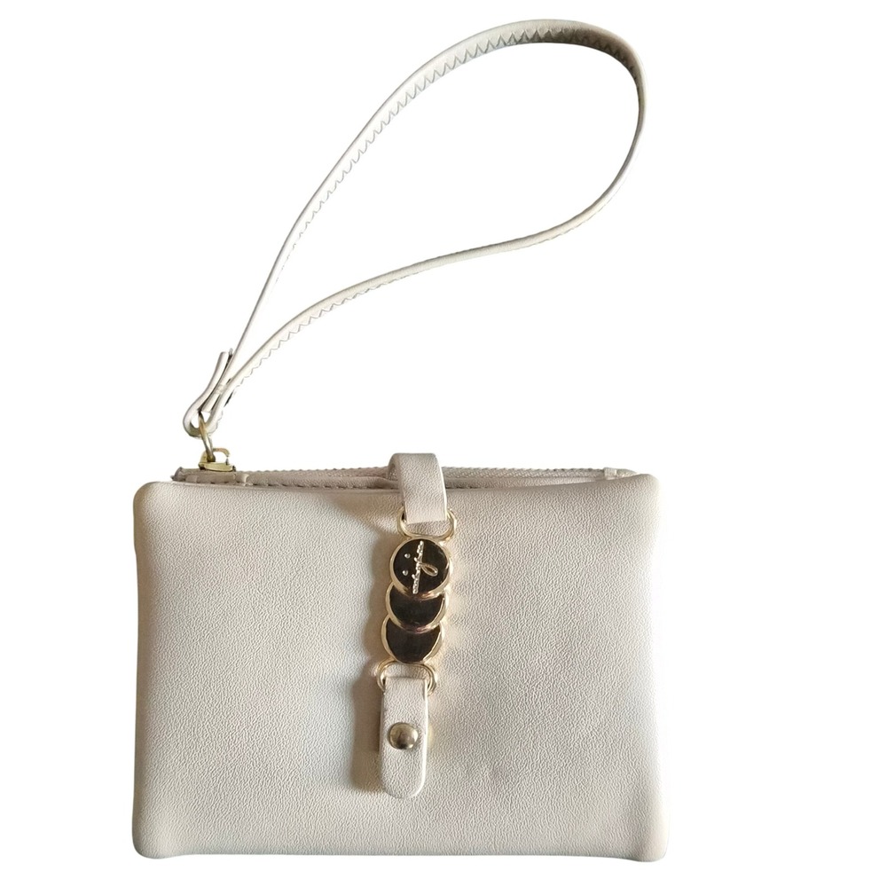 Cream Faux Leather Bifold Wristlet Wallet with Gold Tone Disc Detail